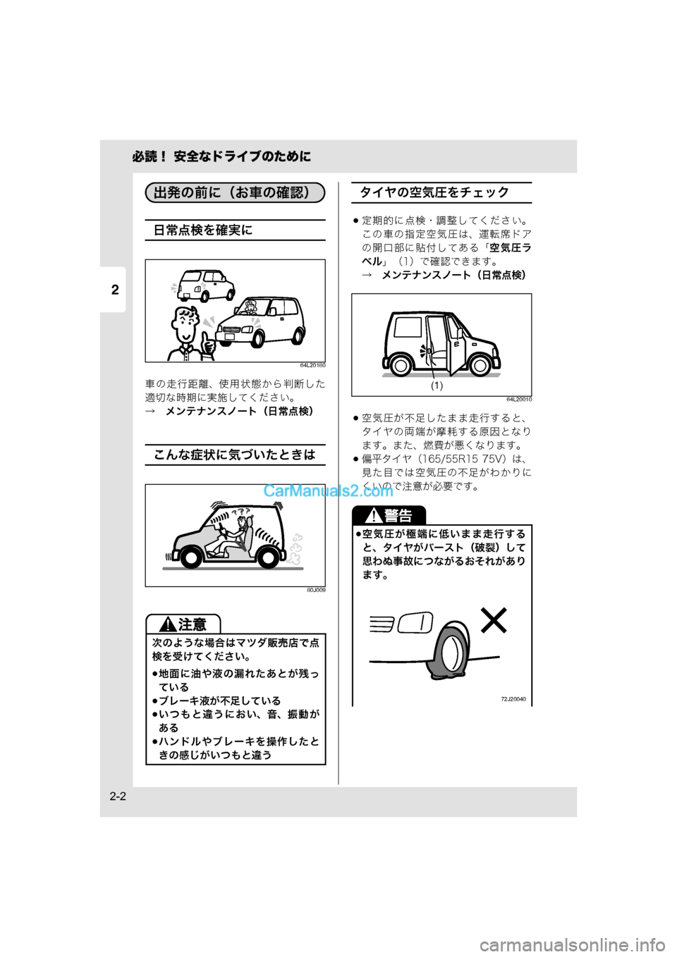 MAZDA MODEL CARROL 2015  取扱説明書 (キャロル) (in Japanese) 2
必読！ 安全なドライブのために
2-2
日常点検を確実に
64L20180
車の走行距離、使用状態から判断した
適切な時期に実施してください。
→　メンテナ