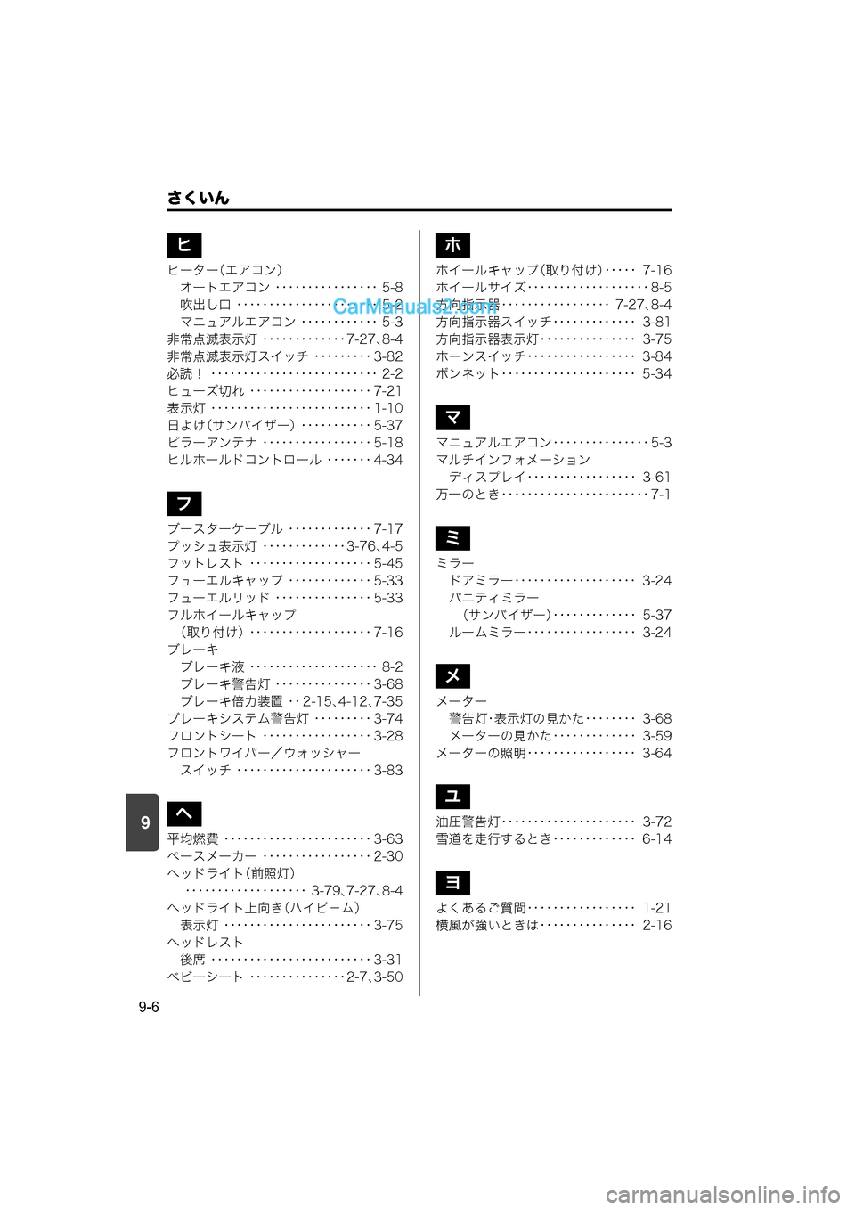 MAZDA MODEL CARROL 2015  取扱説明書 (キャロル) (in Japanese) 9
さくいん
9-6
ヒーター（エアコン）オートエアコン ････････････････ 5-8
吹出し口 ･････････････････････