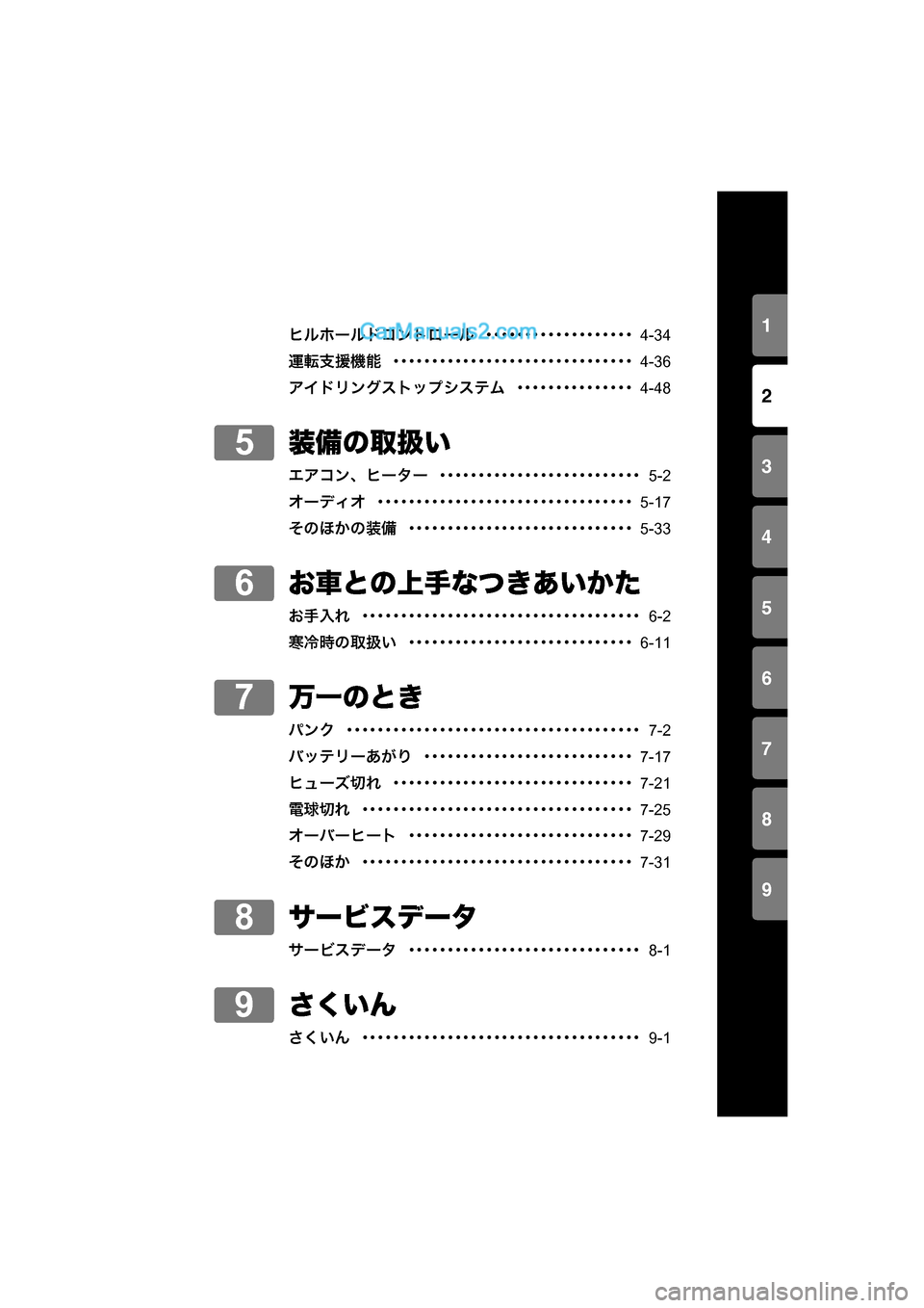 MAZDA MODEL CARROL 2015  取扱説明書 (キャロル) (in Japanese) 1
2
3
4
5
6
7
8
9
1-2
ヒルホールドコントロール  ･･･････････････････  
4-34
運転支援機能  ･･････････････････�