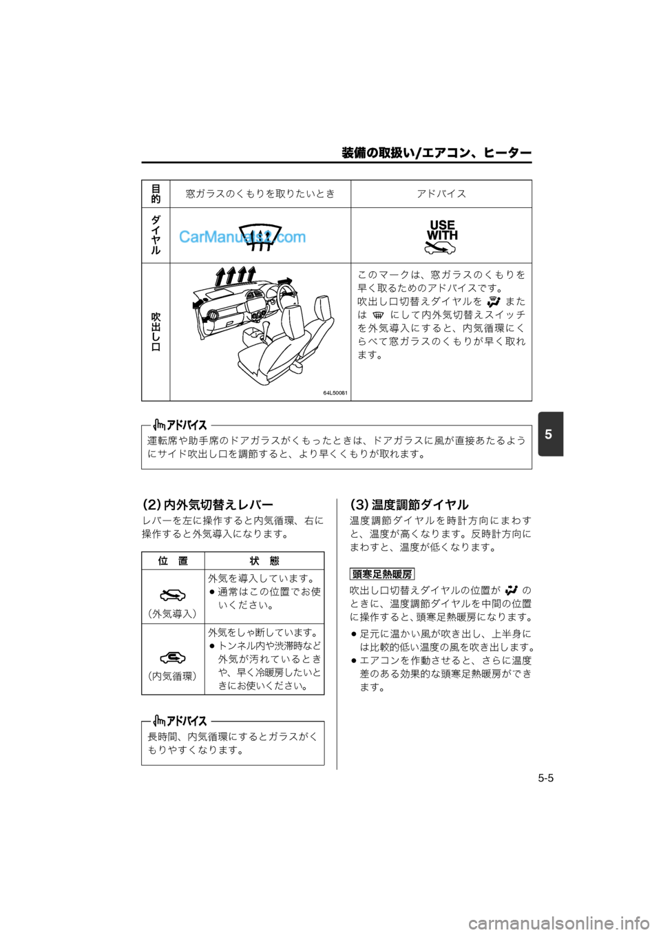 MAZDA MODEL CARROL 2013  取扱説明書 (キャロル) (in Japanese) 装備の取扱い/エアコン、ヒーター
5-5
5
（2）内外気切替えレバー
レバーを左に操作すると内気循環、右に
操作すると外気導入になります。
（3）温