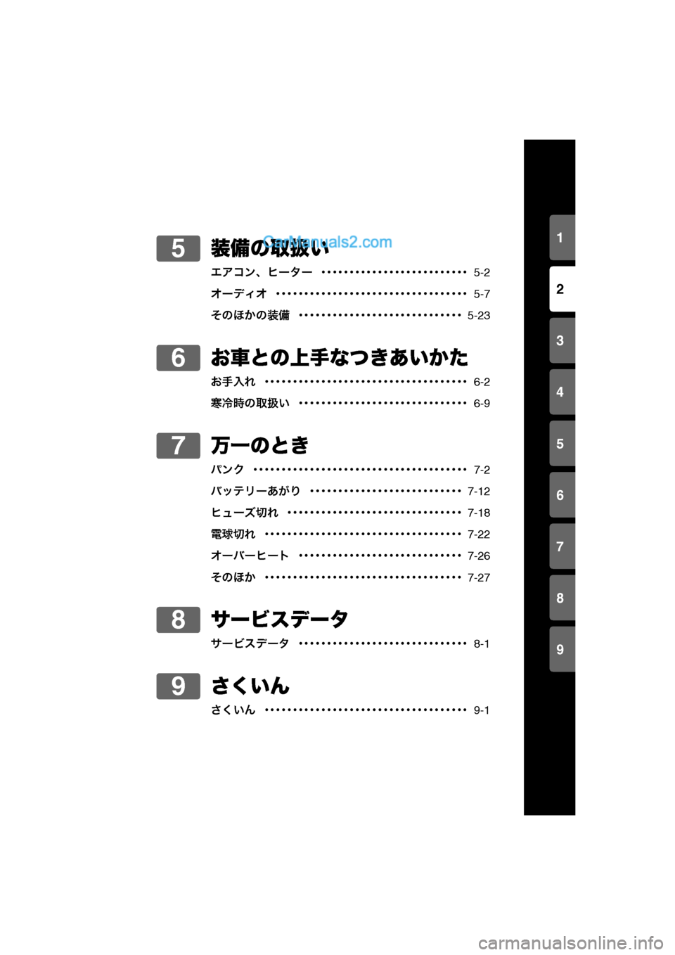 MAZDA MODEL CARROL 2013  取扱説明書 (キャロル) (in Japanese) 1
2
3
4
5
6
7
8
9
0-2
装備の取扱い
エアコン、ヒーター  ･･････････････････････････  5-2
オーディオ  ･････････�