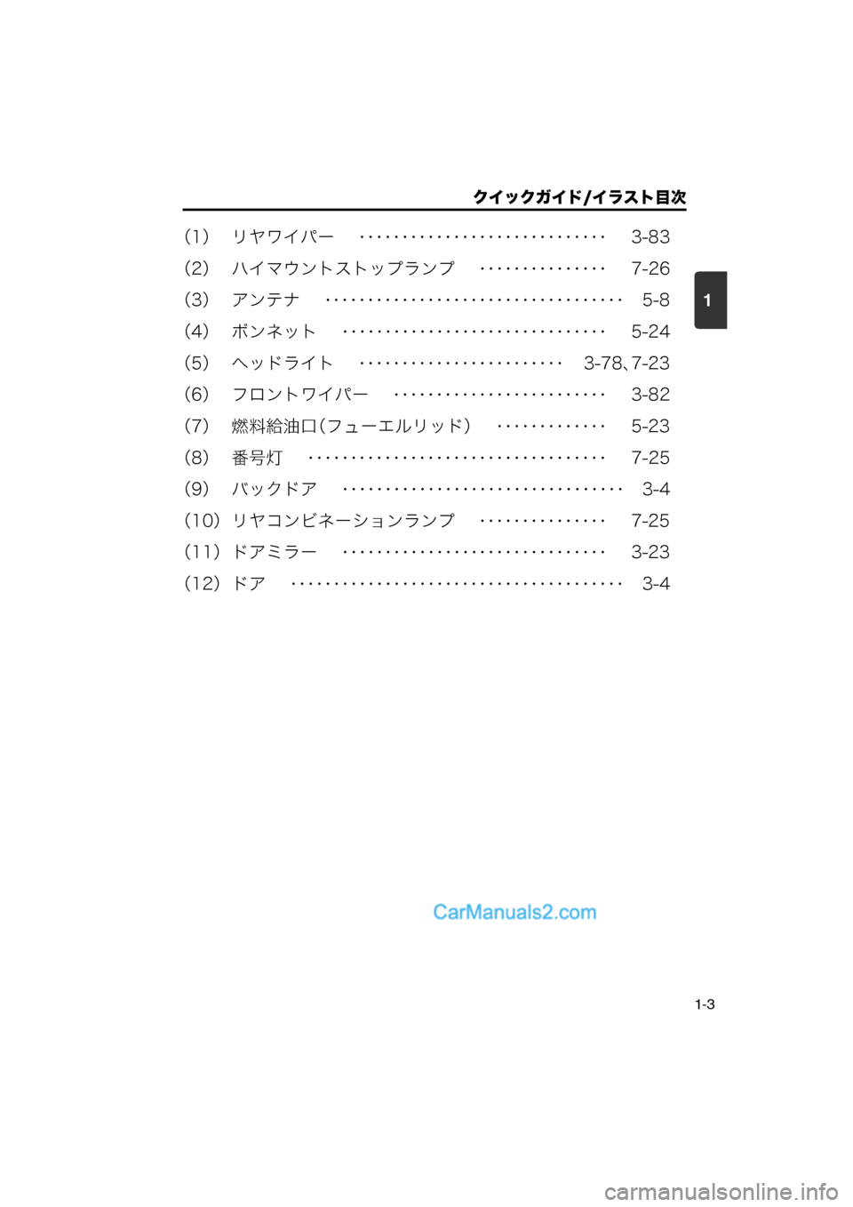 MAZDA MODEL CARROL 2013  取扱説明書 (キャロル) (in Japanese) 1
クイックガイド/イラスト目次
1-3
（1） リヤワイパー　 ･････････････････････････････ 　3-83
（2） ハイマウント�