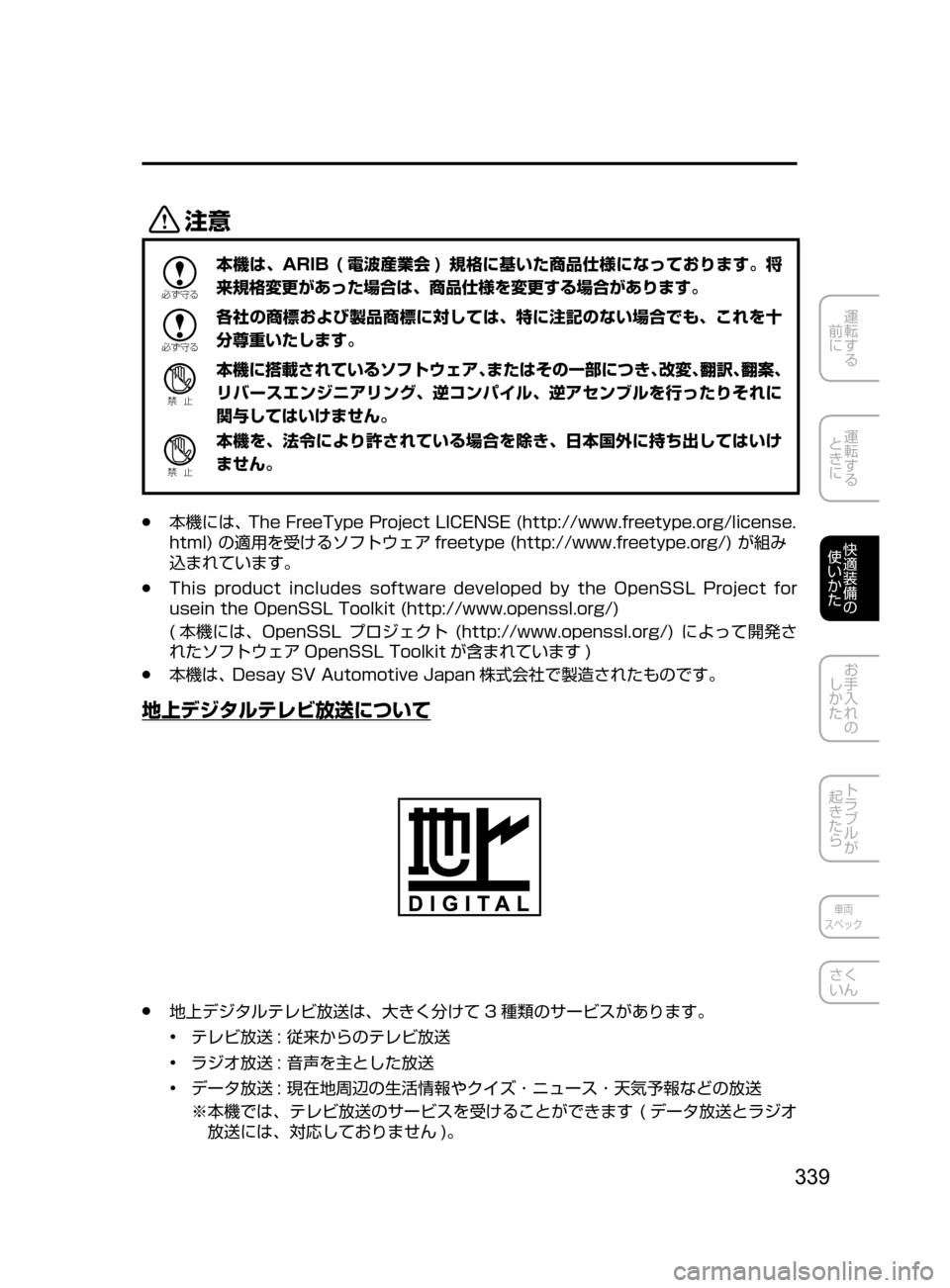MAZDA MODEL DEMIO 2017  デミオ｜取扱説明書 (in Japanese) 339
運転する
﻿﻿
前に
運転する
﻿﻿
ときに
快適装備の
使いかた
お手入れの
しかた
トラブルが
起きたら
車両
スペック
さく
いん
«™

žc 	”
