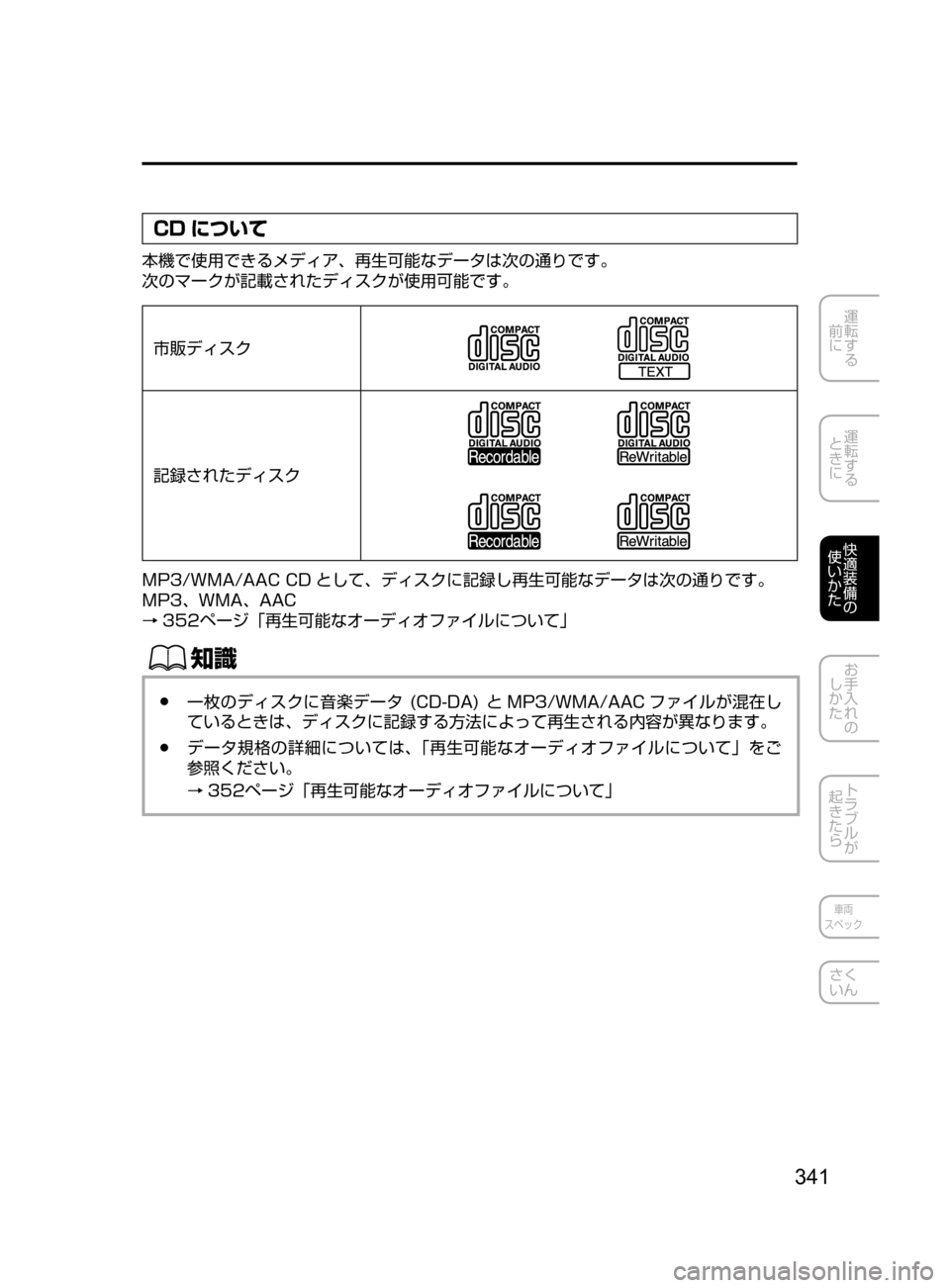 MAZDA MODEL DEMIO 2017  デミオ｜取扱説明書 (in Japanese) 341
運転する
﻿﻿
前に
運転する
﻿﻿
ときに
快適装備の
使いかた
お手入れの
しかた
トラブルが
起きたら
車両
スペック
さく
いん
CD について
本