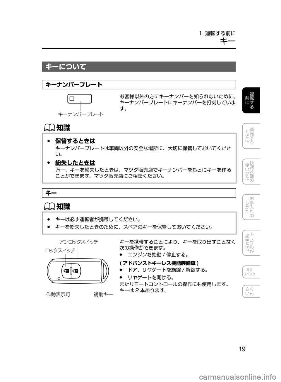 MAZDA MODEL DEMIO 2017  デミオ｜取扱説明書 (in Japanese) 19
運転する
﻿﻿
前に
運転する
﻿﻿
ときに
快適装備の
使いかた
お手入れの
しかた
トラブルが
起きたら
車両
スペック
さく
いん
1. 運転する前に
