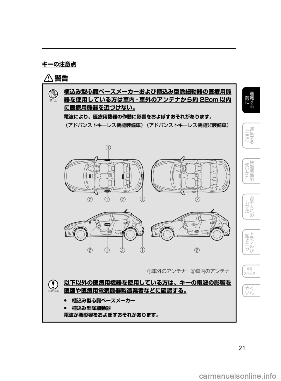 MAZDA MODEL DEMIO 2017  デミオ｜取扱説明書 (in Japanese) 21
運転する
﻿﻿
前に
運転する
﻿﻿
ときに
快適装備の
使いかた
お手入れの
しかた
トラブルが
起きたら
車両
スペック
さく
いん
キーの注意点
/