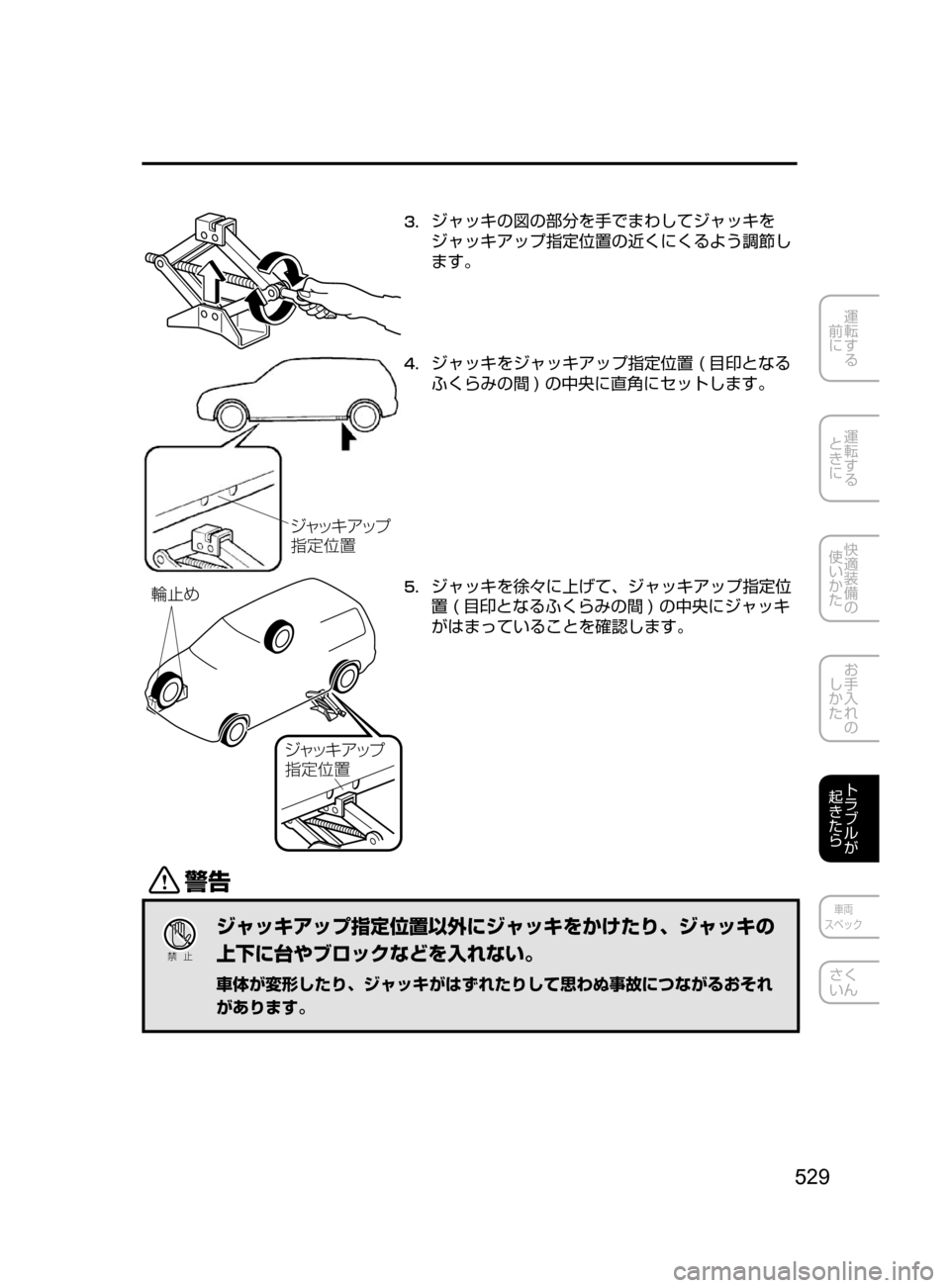 MAZDA MODEL DEMIO 2017  デミオ｜取扱説明書 (in Japanese) 529
運転する
﻿﻿
前に
運転する
﻿﻿
ときに
快適装備の
使いかた
お手入れの
しかた
トラブルが
起きたら
車両
スペック
さく
いん
3.	ジャッキの図