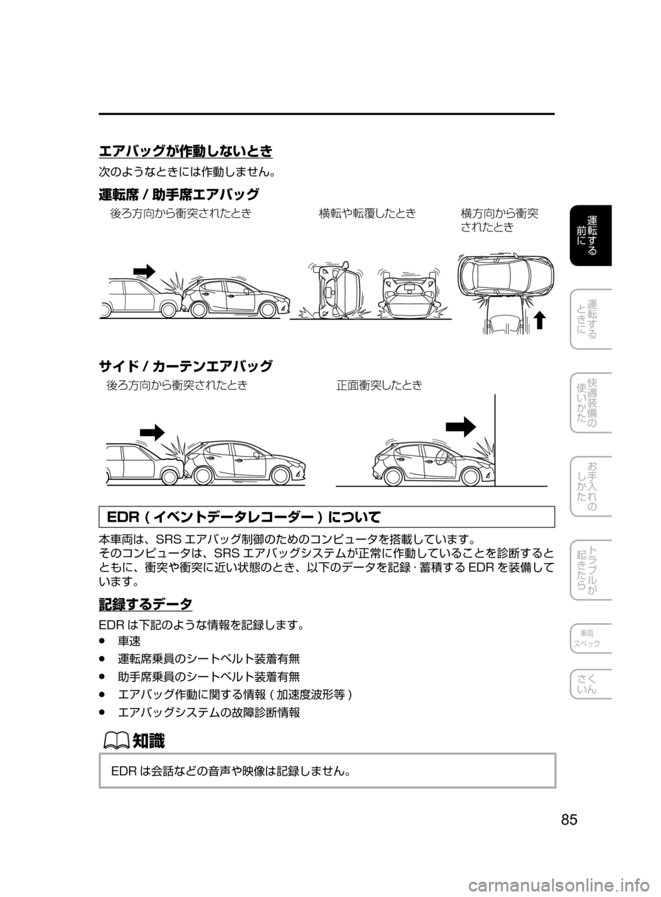 MAZDA MODEL DEMIO 2016  デミオ｜取扱説明書 (in Japanese) 85
運転する
﻿﻿
前に
運転する
﻿﻿
ときに
快適装備の
使いかた
お手入れの
しかた
トラブルが
起きたら
車両
スペック
さく
いん
エアバッグが作