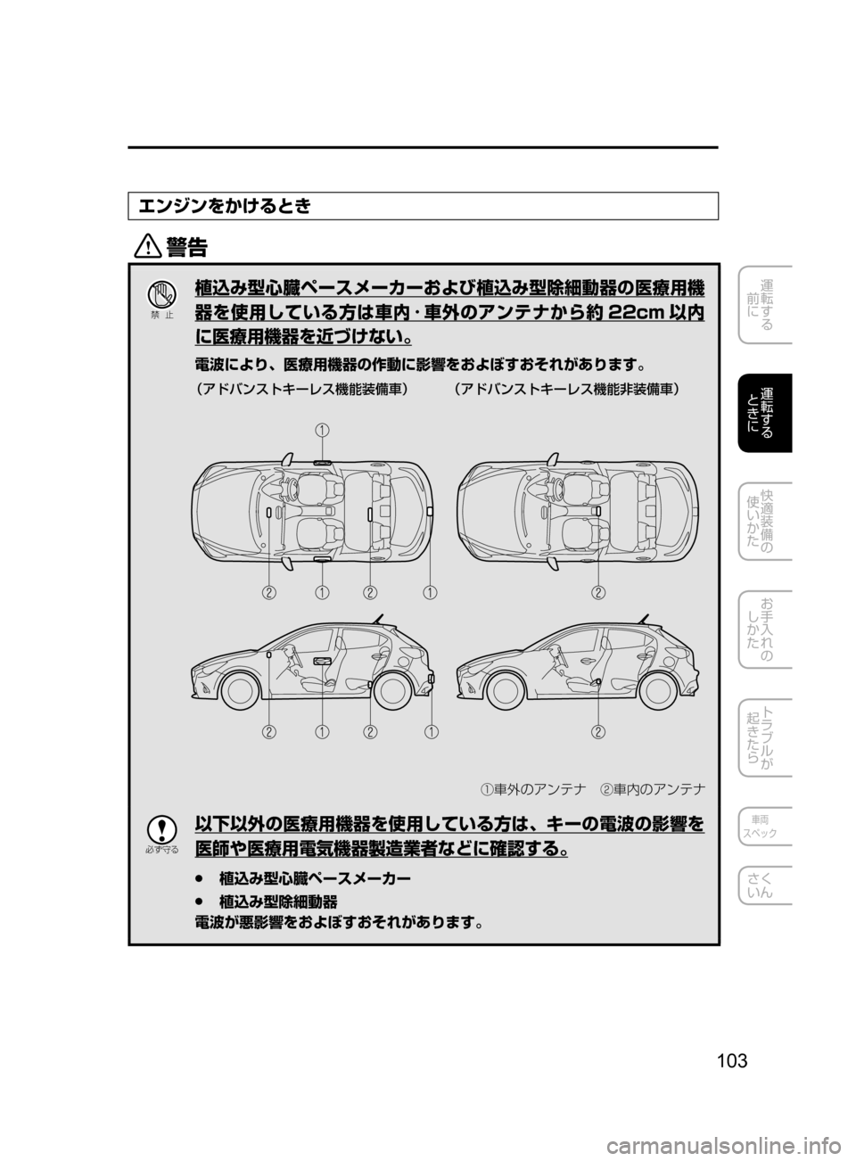 MAZDA MODEL DEMIO 2016  デミオ｜取扱説明書 (in Japanese) 103
運転する
﻿﻿
前に
運転する
﻿﻿
ときに
快適装備の
使いかた
お手入れの
しかた
トラブルが
起きたら
車両
スペック
さく
いん
エンジンをかけ