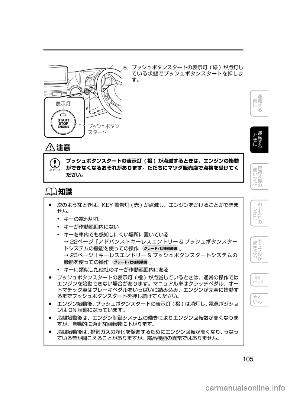 MAZDA MODEL DEMIO 2016  デミオ｜取扱説明書 (in Japanese) 105
運転する
﻿﻿
前に
運転する
﻿﻿
ときに
快適装備の
使いかた
お手入れの
しかた
トラブルが
起きたら
車両
スペック
さく
いん

¯Ôn
Ó¿ ³