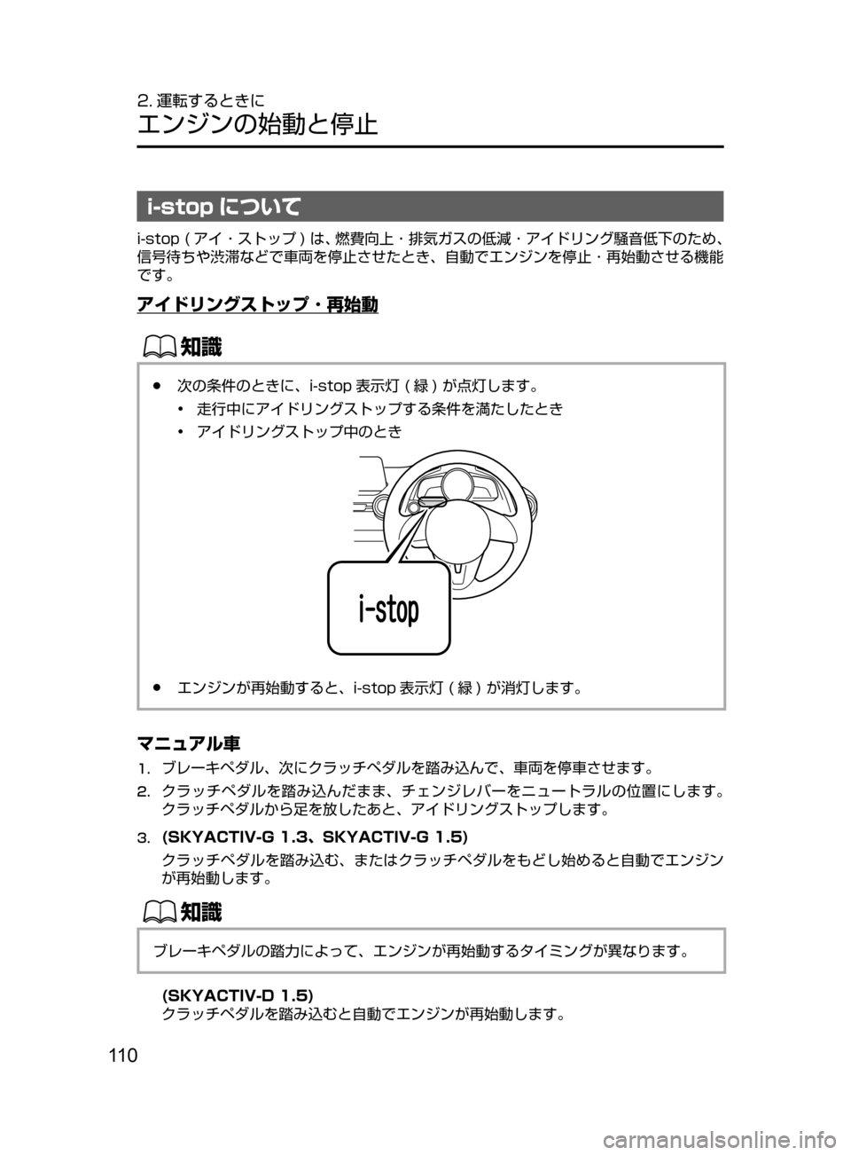 MAZDA MODEL DEMIO 2016  デミオ｜取扱説明書 (in Japanese) 11 0
2. 運転するときに
エンジンの始動と停止
i-stop について
i-stop﻿﻿( アイ ･ ストップ )﻿﻿は､ 燃費向上 ･ 排気ガスの低減 ･ アイドリング騒音