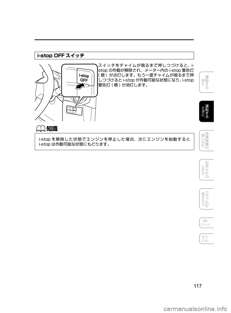 MAZDA MODEL DEMIO 2016  デミオ｜取扱説明書 (in Japanese) 11 7
運転する
﻿﻿
前に
運転する
﻿﻿
ときに
快適装備の
使いかた
お手入れの
しかた
トラブルが
起きたら
車両
スペック
さく
いん
i-stop OFF スイ
