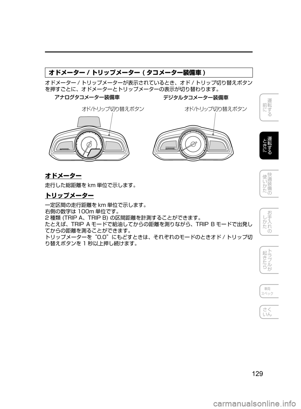 MAZDA MODEL DEMIO 2016  デミオ｜取扱説明書 (in Japanese) 129
運転する
﻿﻿
前に
運転する
﻿﻿
ときに
快適装備の
使いかた
お手入れの
しかた
トラブルが
起きたら
車両
スペック
さく
いん
オドメーター / 