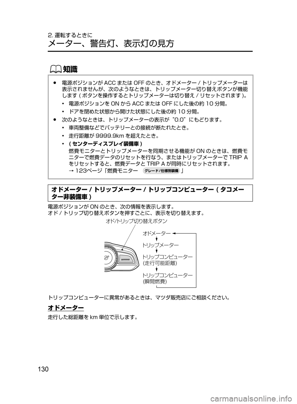 MAZDA MODEL DEMIO 2016  デミオ｜取扱説明書 (in Japanese) 130
2. 運転するときに
メーター､ 警告灯､ 表示灯の見方
ŒÝ
﻿﻿●電源ポジションが ACC または OFF のとき､ オドメーター / トリップメーターは
