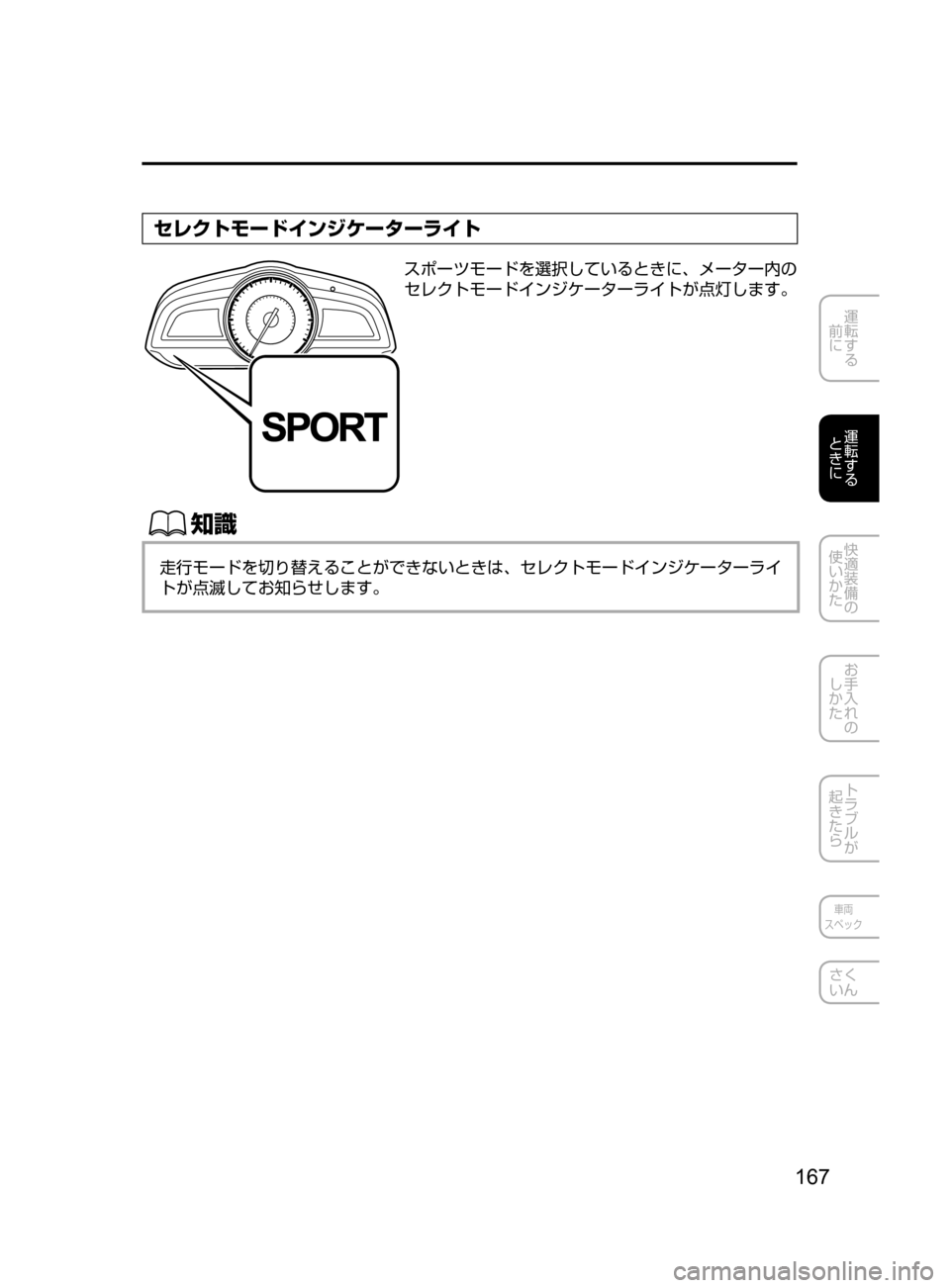MAZDA MODEL DEMIO 2016  デミオ｜取扱説明書 (in Japanese) 167
運転する
﻿﻿
前に
運転する
﻿﻿
ときに
快適装備の
使いかた
お手入れの
しかた
トラブルが
起きたら
車両
スペック
さく
いん
セレクトモード