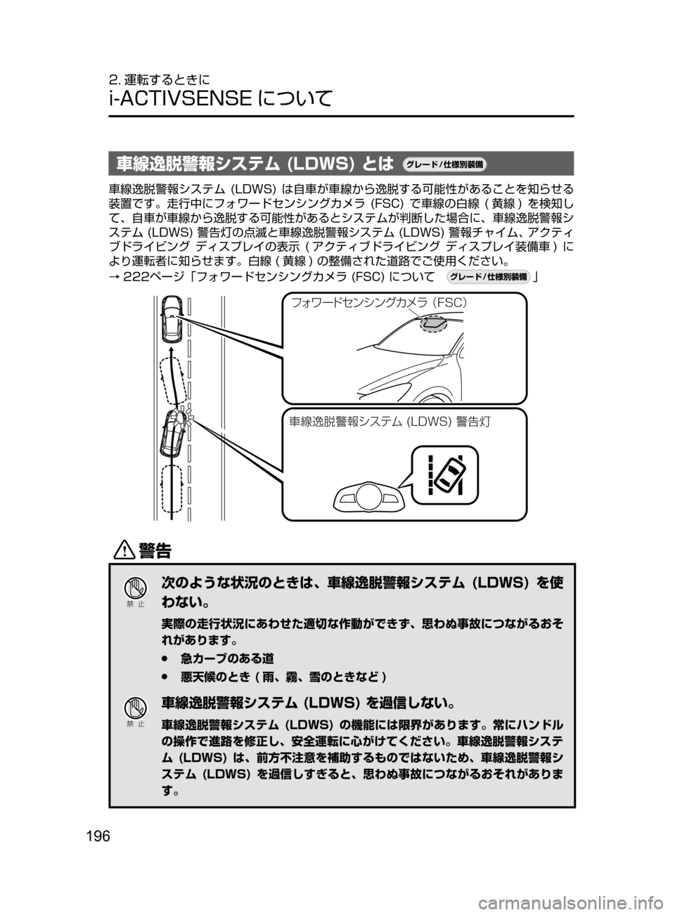 MAZDA MODEL DEMIO 2016  デミオ｜取扱説明書 (in Japanese) 196
2. 運転するときに
i-ACTIVSENSE について
車線逸脱警報システム (LDWS) とは¬è”Å�“7
÷
‹����
車線逸脱警報システム﻿﻿(LDWS)﻿﻿は自 車