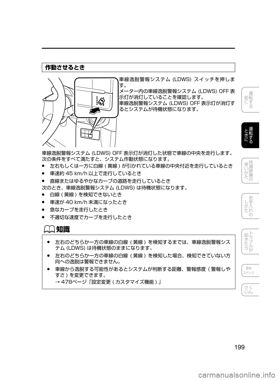 MAZDA MODEL DEMIO 2016  デミオ｜取扱説明書 (in Japanese) 199
運転する
﻿﻿
前に
運転する
﻿﻿
ときに
快適装備の
使いかた
お手入れの
しかた
トラブルが
起きたら
車両
スペック
さく
いん
作動させるとき