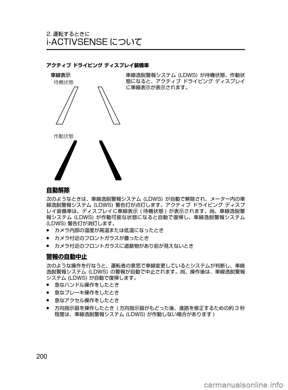 MAZDA MODEL DEMIO 2016  デミオ｜取扱説明書 (in Japanese) 200
2. 運転するときに
i-ACTIVSENSE について
アクティブ ドライビング ディスプレイ装備車
	
¢
¯Ô
4;	Ý6
^ˆ	Ý6車線逸脱警報システム
﻿﻿(

LDWS)
