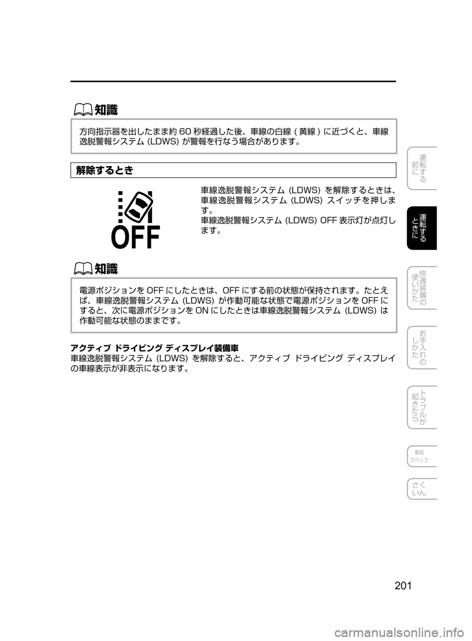 MAZDA MODEL DEMIO 2016  デミオ｜取扱説明書 (in Japanese) 201
運転する
﻿﻿
前に
運転する
﻿﻿
ときに
快適装備の
使いかた
お手入れの
しかた
トラブルが
起きたら
車両
スペック
さく
いん
ŒÝ
方向指示