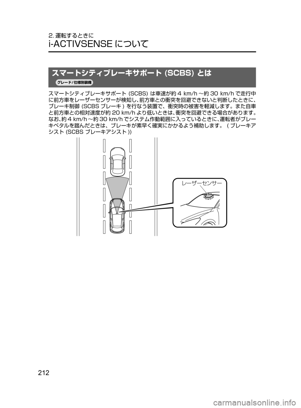 MAZDA MODEL DEMIO 2016  デミオ｜取扱説明書 (in Japanese) 212
2. 運転するときに
i-ACTIVSENSE について
スマートシティブレーキサポート (SCBS) とは
¬è”Å�“7
÷
‹����
スマートシティブレーキサポー