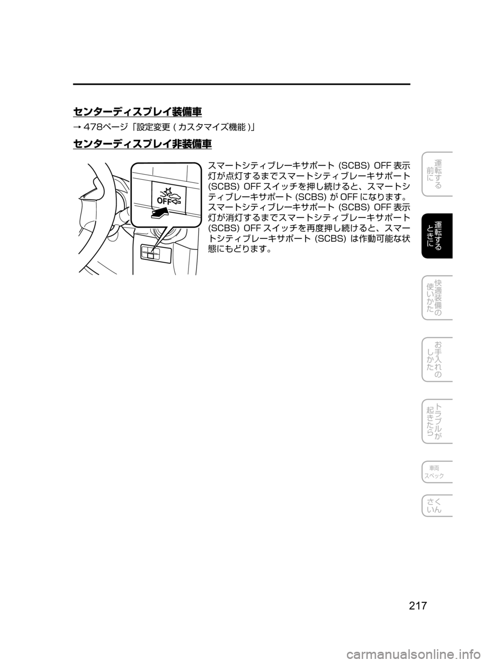 MAZDA MODEL DEMIO 2016  デミオ｜取扱説明書 (in Japanese) 217
運転する
﻿﻿
前に
運転する
﻿﻿
ときに
快適装備の
使いかた
お手入れの
しかた
トラブルが
起きたら
車両
スペック
さく
いん
センターディス