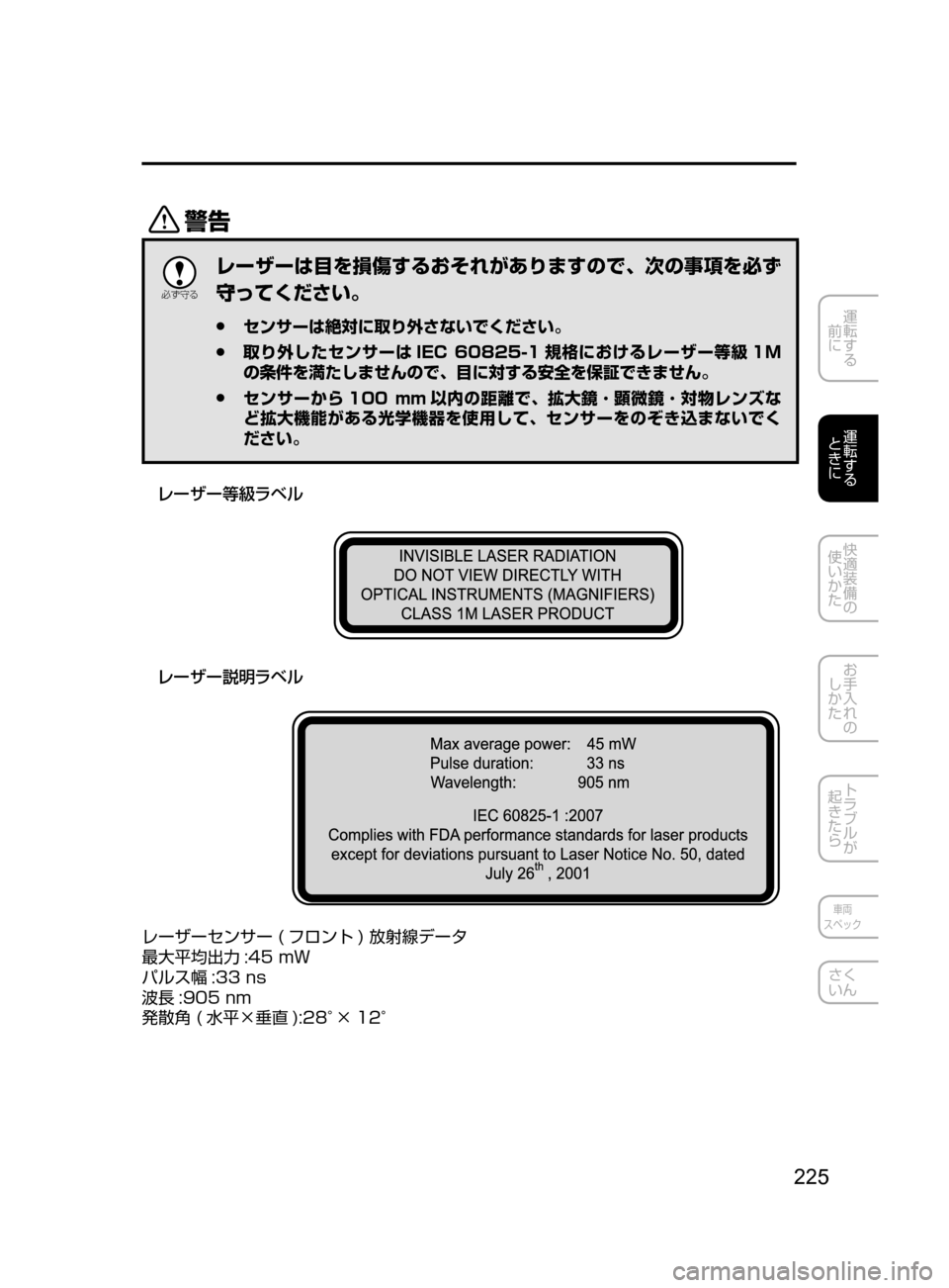 MAZDA MODEL DEMIO 2016  デミオ｜取扱説明書 (in Japanese) 225
運転する
﻿﻿
前に
運転する
﻿﻿
ときに
快適装備の
使いかた
お手入れの
しかた
トラブルが
起きたら
車両
スペック
さく
いん
/

žc 	”
レ