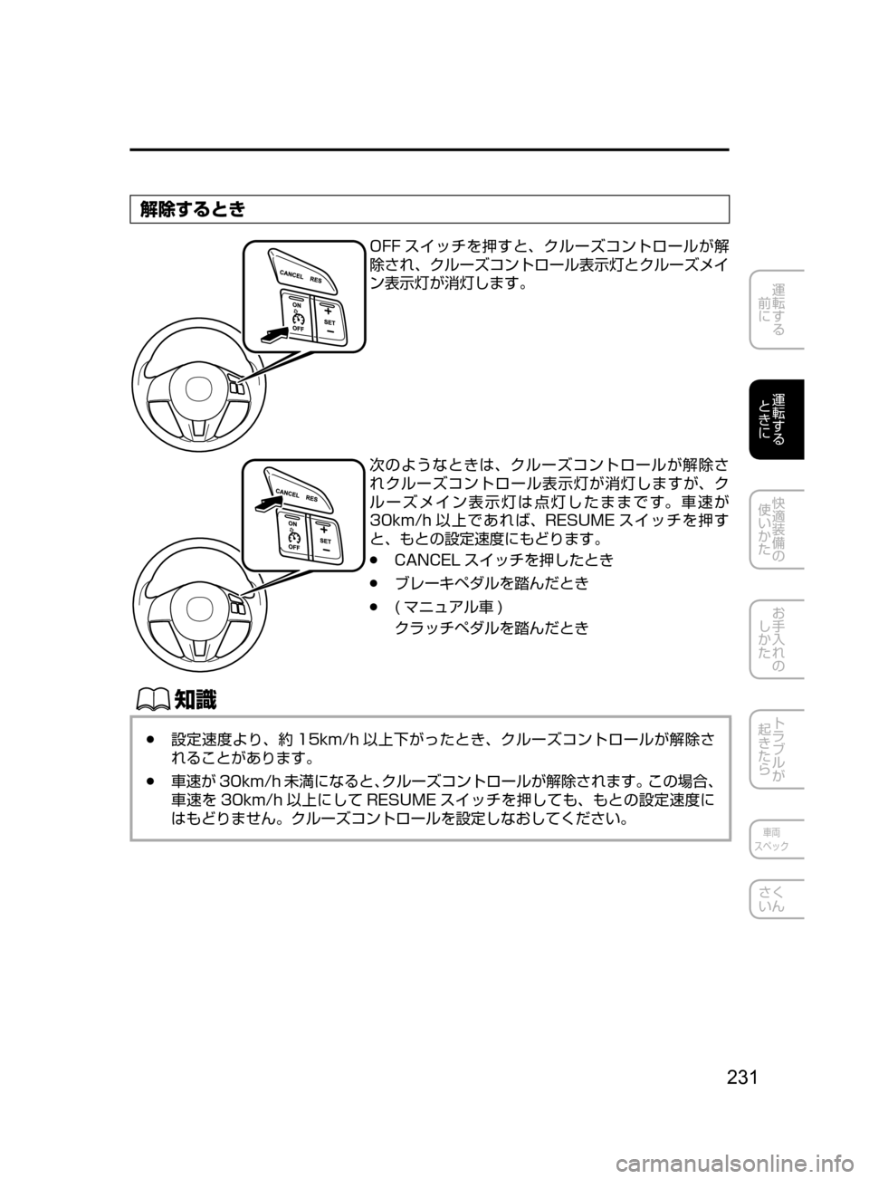 MAZDA MODEL DEMIO 2016  デミオ｜取扱説明書 (in Japanese) 231
運転する
﻿﻿
前に
運転する
﻿﻿
ときに
快適装備の
使いかた
お手入れの
しかた
トラブルが
起きたら
車両
スペック
さく
いん
解除するとき
OF