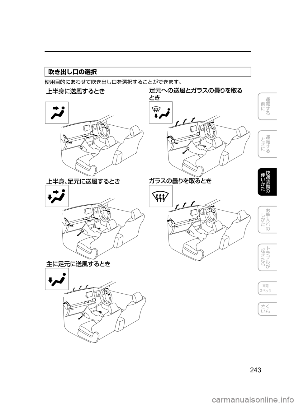 MAZDA MODEL DEMIO 2016  デミオ｜取扱説明書 (in Japanese) 243
運転する
﻿﻿
前に
運転する
﻿﻿
ときに
快適装備の
使いかた
お手入れの
しかた
トラブルが
起きたら
車両
スペック
さく
いん
吹き出し口の選