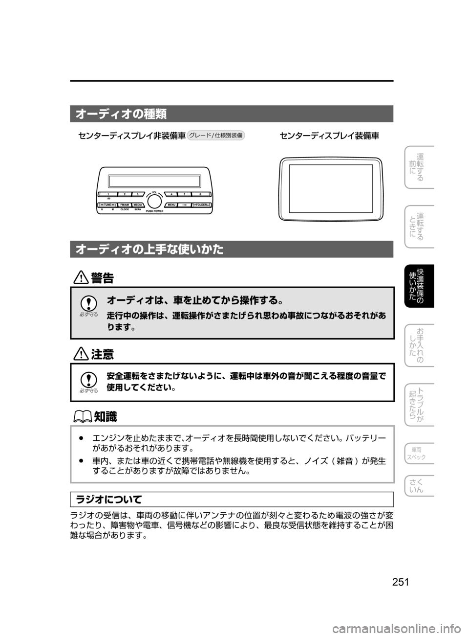 MAZDA MODEL DEMIO 2016  デミオ｜取扱説明書 (in Japanese) 251
運転する
﻿﻿
前に
運転する
﻿﻿
ときに
快適装備の
使いかた
お手入れの
しかた
トラブルが
起きたら
車両
スペック
さく
いん
オーディオの種