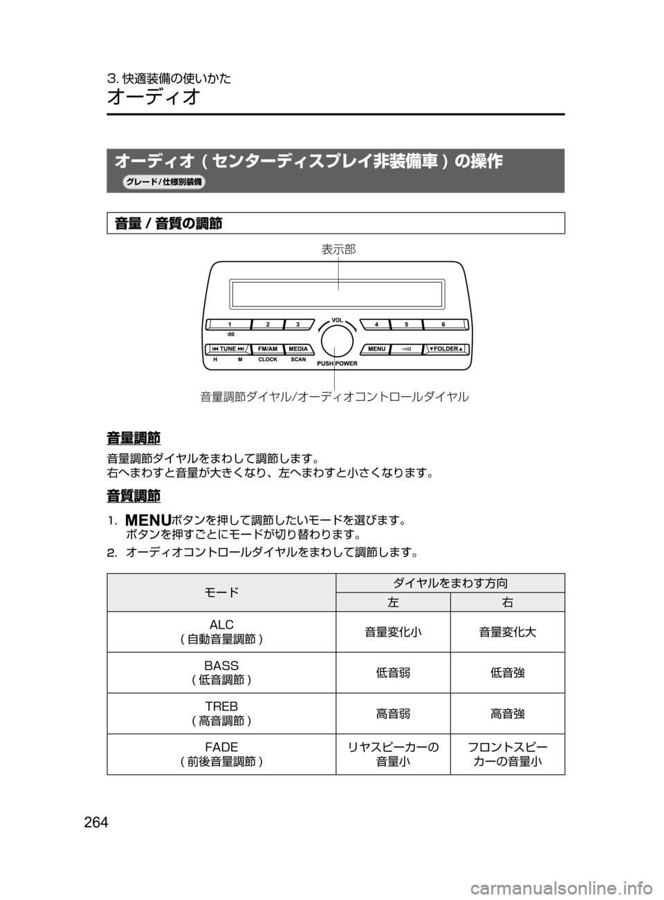 MAZDA MODEL DEMIO 2016  デミオ｜取扱説明書 (in Japanese) 264
3. 快適装備の使いかた
オーディオ
オーディオ ( センターディスプレイ非装備車 ) の操作
¬è”Å�“7
÷
‹����
音量 / 音質の調節

¯Ô
