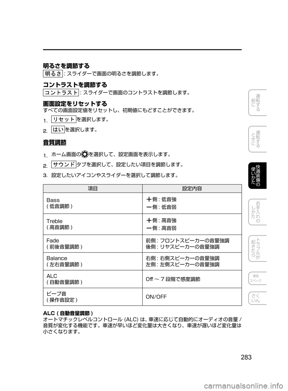 MAZDA MODEL DEMIO 2016  デミオ｜取扱説明書 (in Japanese) 283
運転する
﻿﻿
前に
運転する
﻿﻿
ときに
快適装備の
使いかた
お手入れの
しかた
トラブルが
起きたら
車両
スペック
さく
いん
明るさを調節す