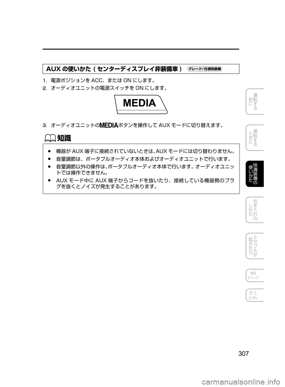 MAZDA MODEL DEMIO 2016  デミオ｜取扱説明書 (in Japanese) 307
運転する
﻿﻿
前に
運転する
﻿﻿
ときに
快適装備の
使いかた
お手入れの
しかた
トラブルが
起きたら
車両
スペック
さく
いん
AUX の使いかた