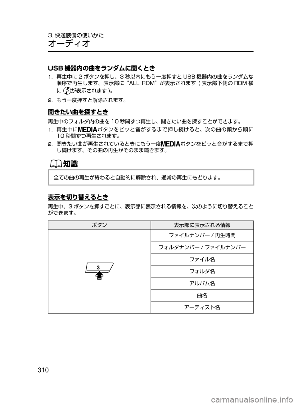 MAZDA MODEL DEMIO 2016  デミオ｜取扱説明書 (in Japanese) 310
3. 快適装備の使いかた
オーディオ
USB 機器内の曲をランダムに聞くとき
1.	再生中に 2 ボタンを押し､ 3 秒以内にもう一度押すと USB 機器内の曲を