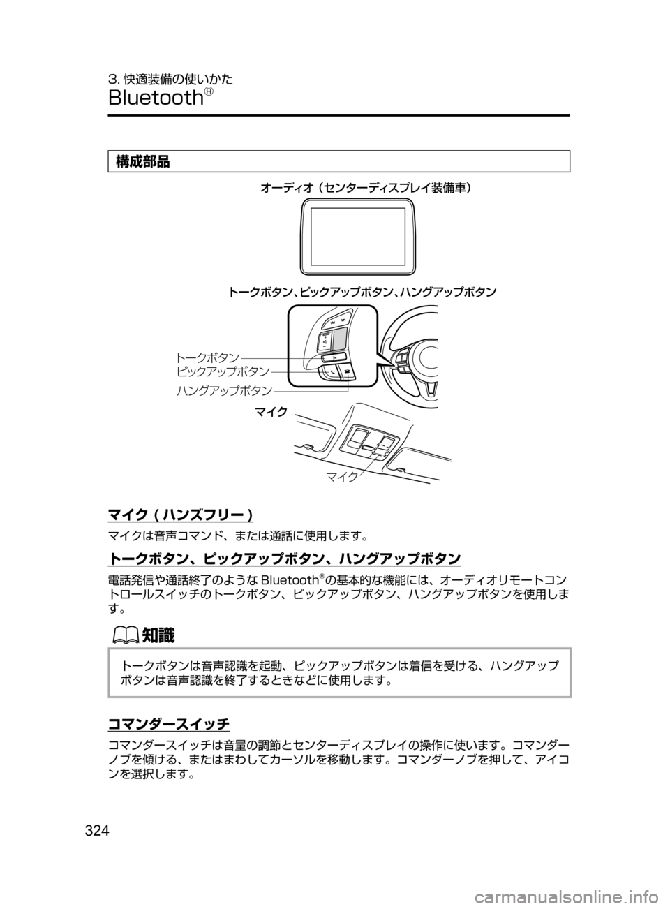 MAZDA MODEL DEMIO 2016  デミオ｜取扱説明書 (in Japanese) 324
3. 快適装備の使いかた
Bluetooth®
構成部品
¦”ÃŸ¦�¢· ï»”ÃŸµÓè  
÷
‹	£
Ú  «
Ä”«Ø»ï
Ð¿«ž¿Ó Ø» ï
Ëï¬ž