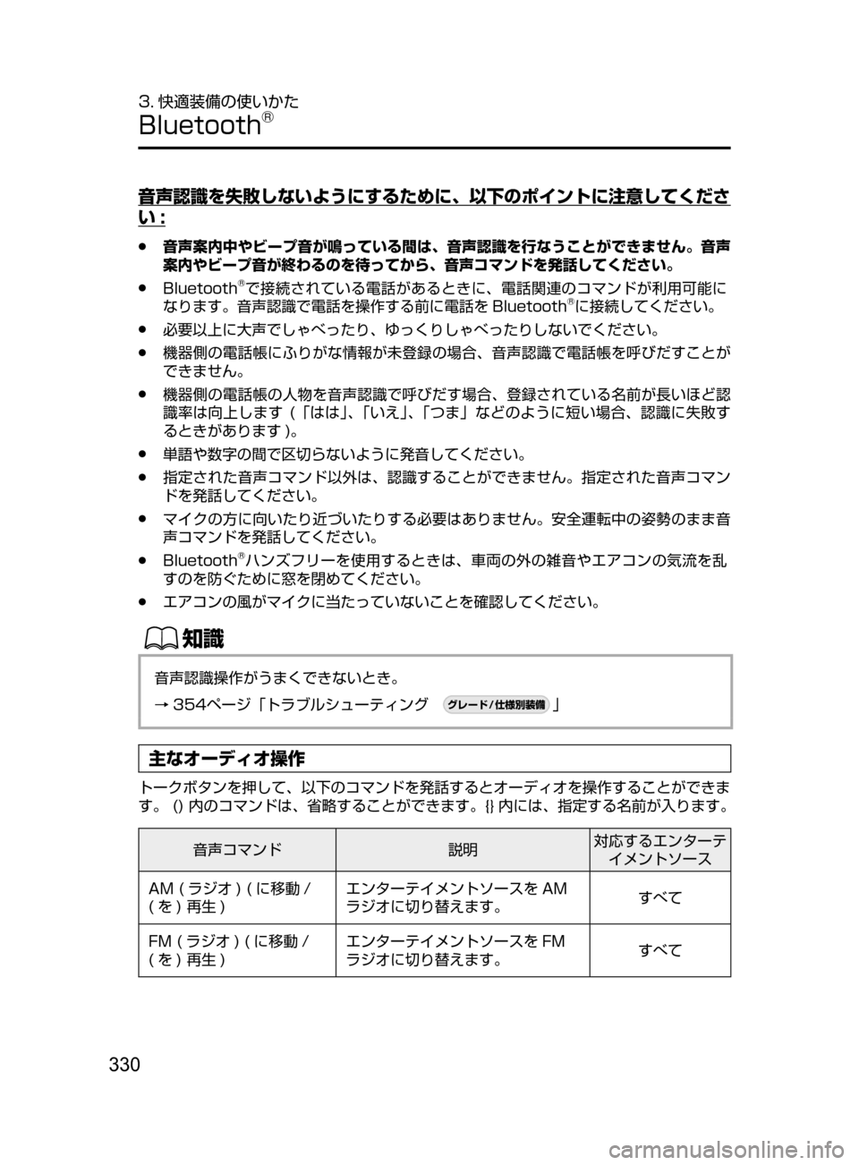 MAZDA MODEL DEMIO 2016  デミオ｜取扱説明書 (in Japanese) 330
3. 快適装備の使いかた
Bluetooth®
音声認識を失敗しないようにするために､ 以下のポイントに注意してくださ
い:
 ●音声案内中やビープ音が鳴
