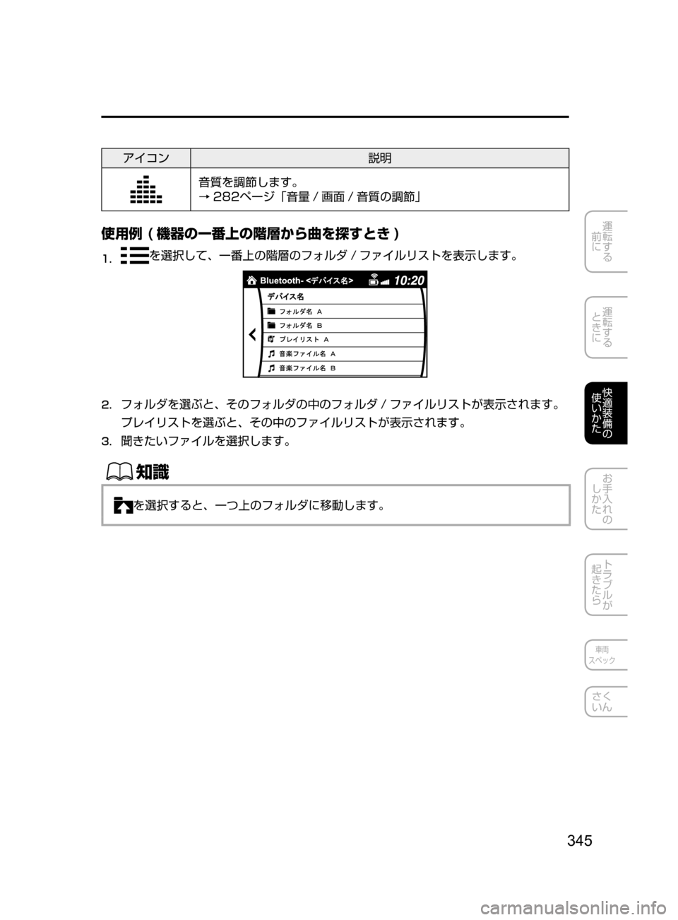MAZDA MODEL DEMIO 2016  デミオ｜取扱説明書 (in Japanese) 345
運転する
﻿﻿
前に
運転する
﻿﻿
ときに
快適装備の
使いかた
お手入れの
しかた
トラブルが
起きたら
車両
スペック
さく
いん
アイコン 説明
