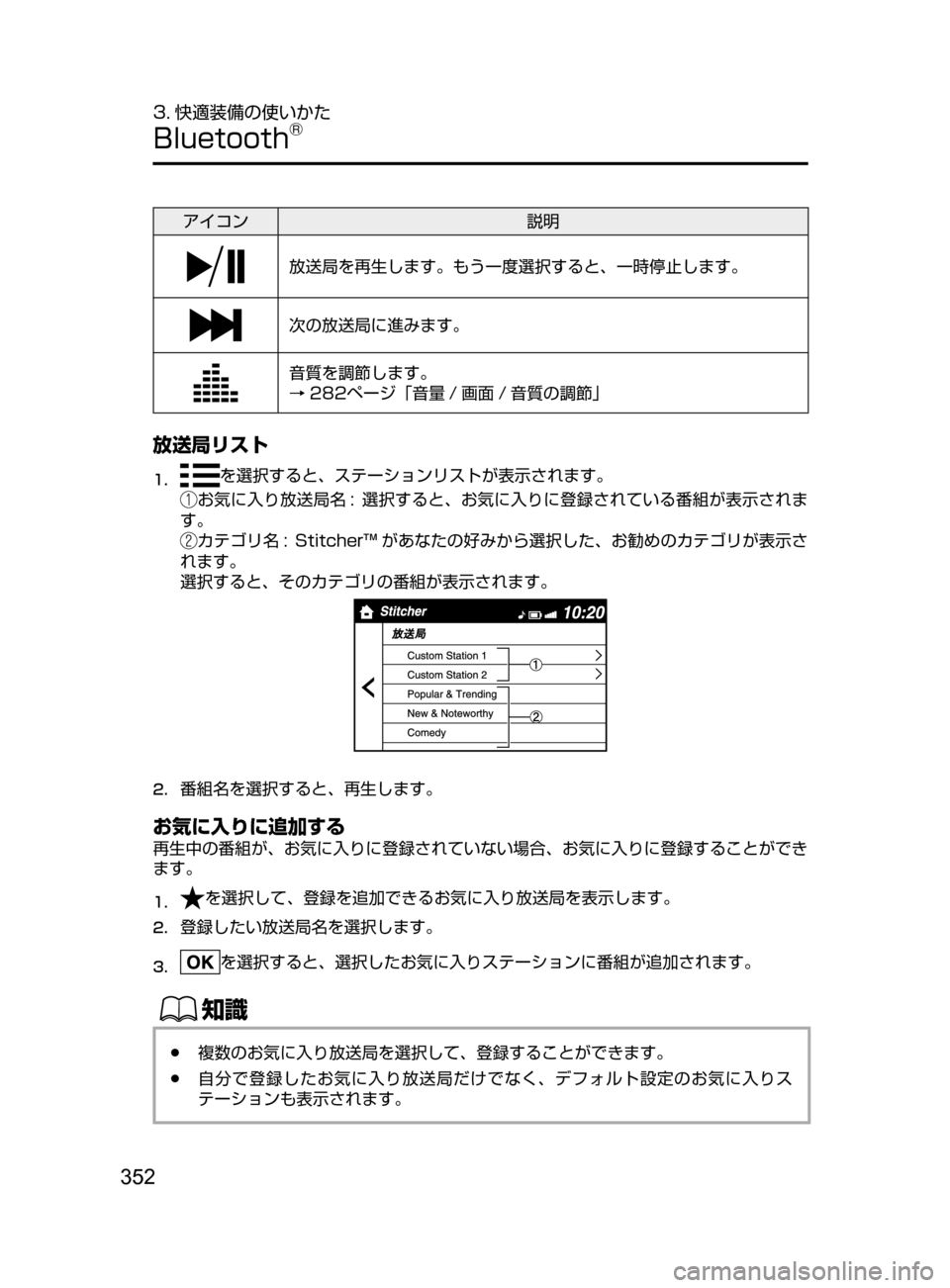 MAZDA MODEL DEMIO 2016  デミオ｜取扱説明書 (in Japanese) 352
3. 快適装備の使いかた
Bluetooth®
アイコン説明
放送局を再生します。もう一度選択すると､ 一時停止します。
次の放送局に進みます。
音質を調