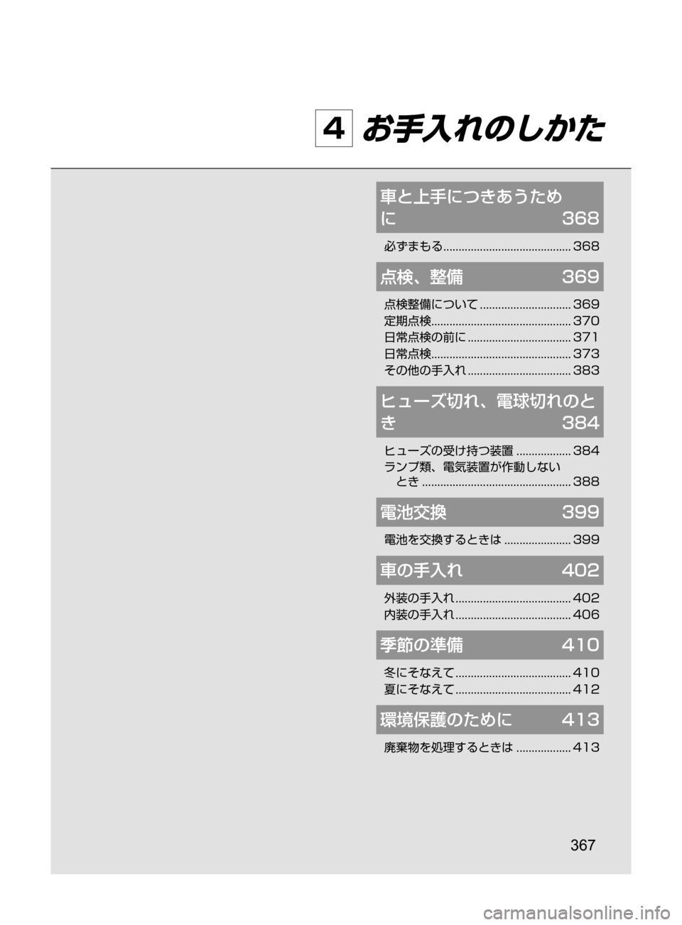 MAZDA MODEL DEMIO 2016  デミオ｜取扱説明書 (in Japanese) 367
4 お手入れのしかた
車と上手につきあうため	
に	368
必ずまもる﻿﻿.......................................... 368
点検､ 整備	369
点検整備について﻿﻿.....