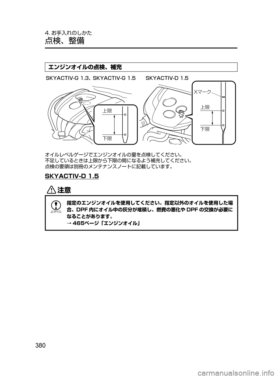 MAZDA MODEL DEMIO 2016  デミオ｜取扱説明書 (in Japanese) 380
4. お手入れのしかた
点検､ 整備
エンジンオイルの点検､ 補充
�4�,�:�"�$�5�*�7��(����z��4�,�:�"�$�5�*�7��(���� �4�,�:�"�$�5�*�7��%����
	Ív
<v	Ív
<v