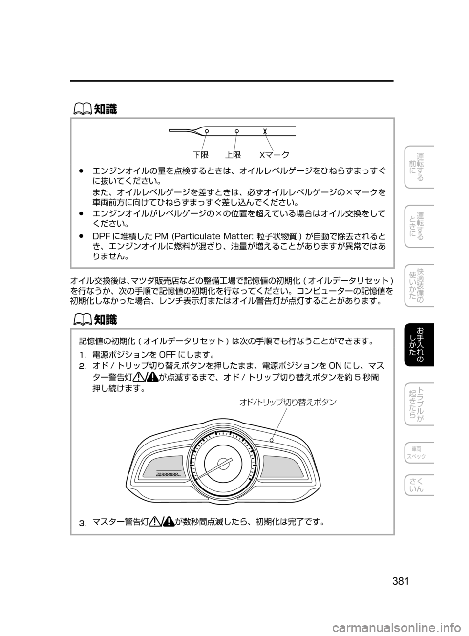 MAZDA MODEL DEMIO 2016  デミオ｜取扱説明書 (in Japanese) 381
運転する
﻿﻿
前に
運転する
﻿﻿
ときに
快適装備の
使いかた
お手入れの
しかた
トラブルが
起きたら
車両
スペック
さく
いん
ŒÝ
�;	
	±
	ã