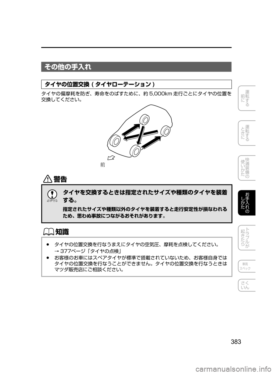 MAZDA MODEL DEMIO 2016  デミオ｜取扱説明書 (in Japanese) 383
運転する
﻿﻿
前に
運転する
﻿﻿
ときに
快適装備の
使いかた
お手入れの
しかた
トラブルが
起きたら
車両
スペック
さく
いん
その他の手入れ