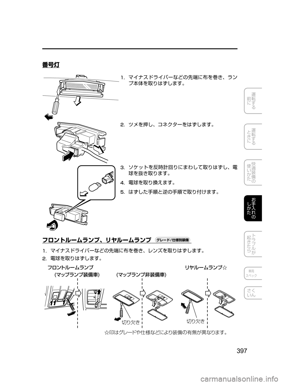 MAZDA MODEL DEMIO 2016  デミオ｜取扱説明書 (in Japanese) 397
運転する
﻿﻿
前に
運転する
﻿﻿
ときに
快適装備の
使いかた
お手入れの
しかた
トラブルが
起きたら
車両
スペック
さく
いん
番号灯
1.	マイ