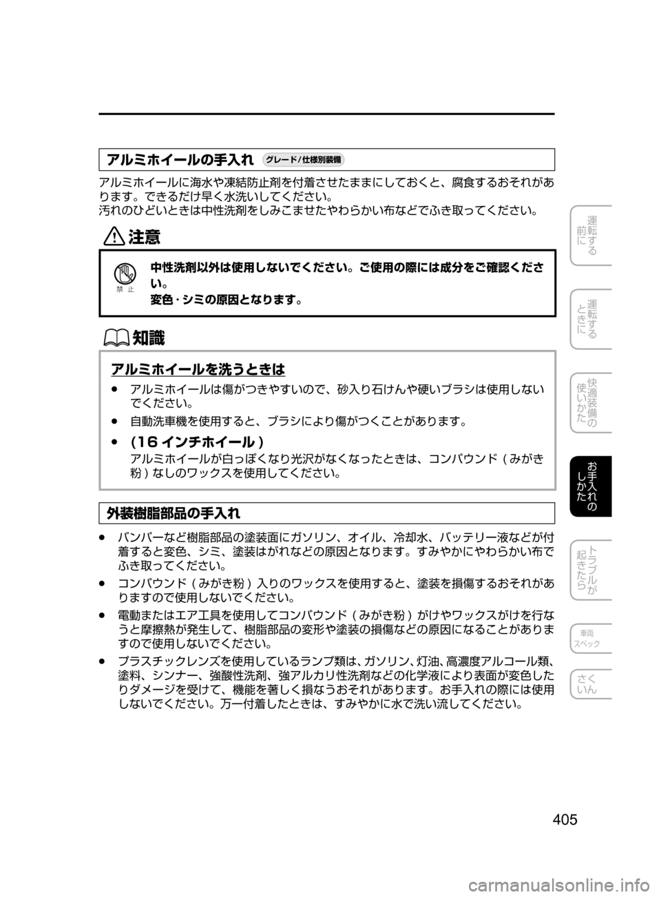 MAZDA MODEL DEMIO 2016  デミオ｜取扱説明書 (in Japanese) 405
運転する
﻿﻿
前に
運転する
﻿﻿
ときに
快適装備の
使いかた
お手入れの
しかた
トラブルが
起きたら
車両
スペック
さく
いん
アルミホイール