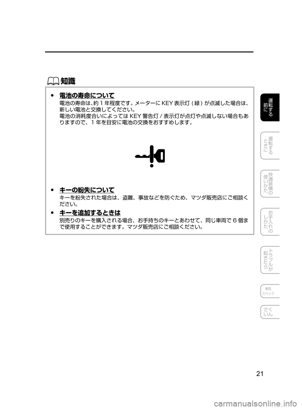 MAZDA MODEL DEMIO 2016  デミオ｜取扱説明書 (in Japanese) 21
運転する
﻿﻿
前に
運転する
﻿﻿
ときに
快適装備の
使いかた
お手入れの
しかた
トラブルが
起きたら
車両
スペック
さく
いん
ŒÝ
 ●電池の