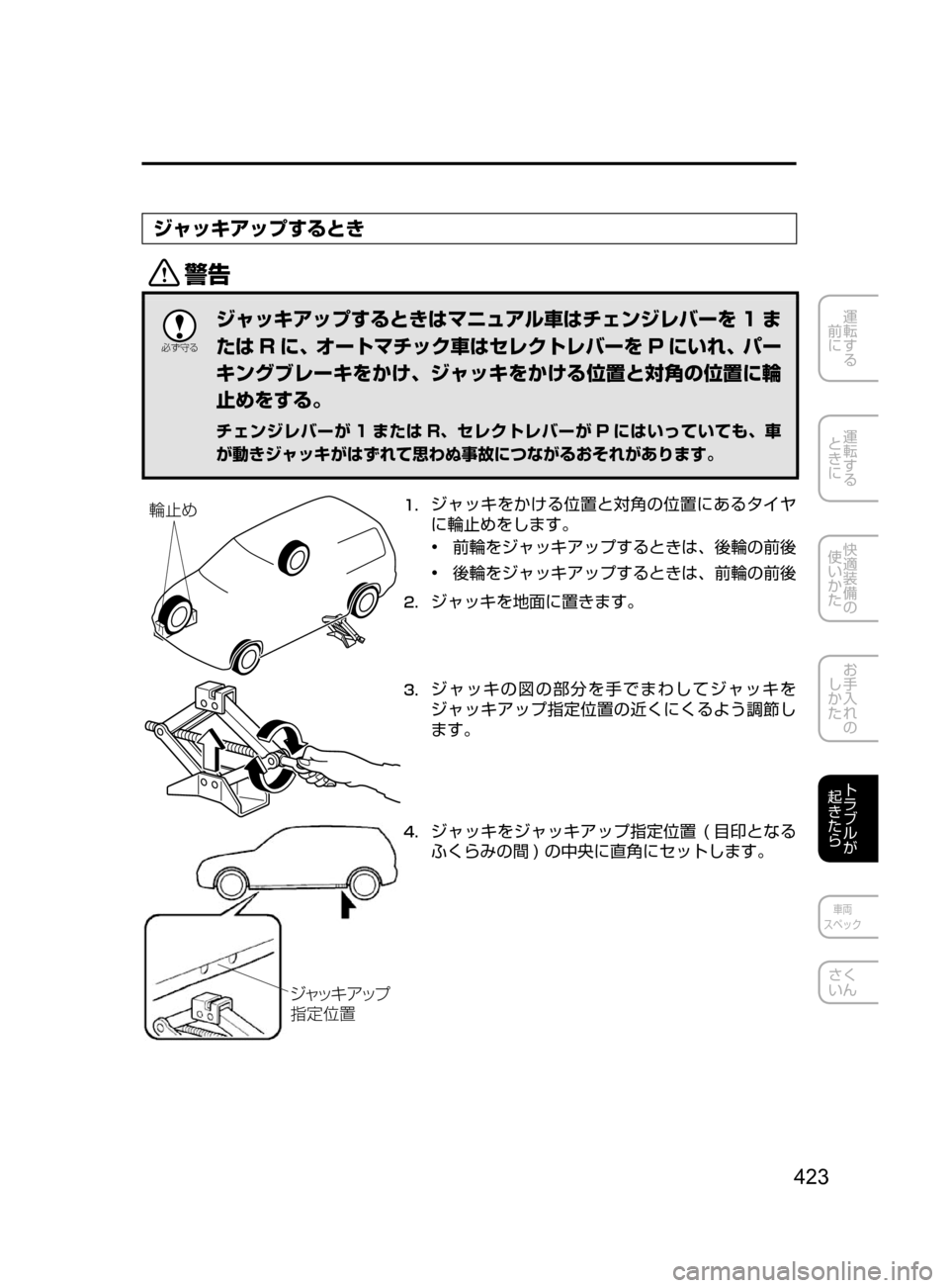 MAZDA MODEL DEMIO 2016  デミオ｜取扱説明書 (in Japanese) 423
運転する
﻿﻿
前に
運転する
﻿﻿
ときに
快適装備の
使いかた
お手入れの
しかた
トラブルが
起きたら
車両
スペック
さく
いん
ジャッキアップ