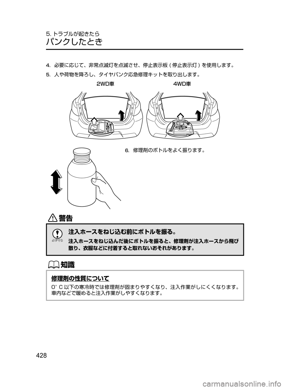 MAZDA MODEL DEMIO 2016  デミオ｜取扱説明書 (in Japanese) 428
5. トラブルが起きたら
パンクしたとき
4.	必要に応じて､ 非常点滅灯を点滅させ､ 停止表示板﻿﻿( 停止表示灯 )﻿﻿を使用します。
5.	人や荷物