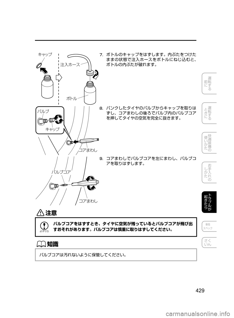 MAZDA MODEL DEMIO 2016  デミオ｜取扱説明書 (in Japanese) 429
運転する
﻿﻿
前に
運転する
﻿﻿
ときに
快適装備の
使いかた
お手入れの
しかた
トラブルが
起きたら
車両
スペック
さく
いん
©ß ¿Ó
«Ö 