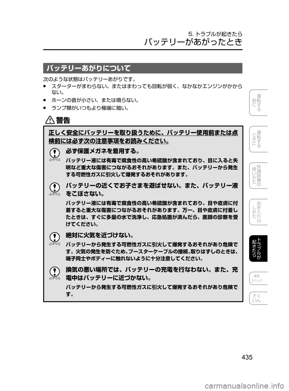 MAZDA MODEL DEMIO 2016  デミオ｜取扱説明書 (in Japanese) 435
運転する
﻿﻿
前に
運転する
﻿﻿
ときに
快適装備の
使いかた
お手入れの
しかた
トラブルが
起きたら
車両
スペック
さく
いん
5. トラブルが起