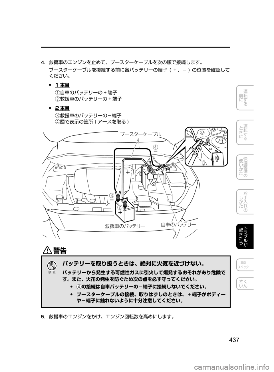 MAZDA MODEL DEMIO 2016  デミオ｜取扱説明書 (in Japanese) 437
運転する
﻿﻿
前に
運転する
﻿﻿
ときに
快適装備の
使いかた
お手入れの
しかた
トラブルが
起きたら
車両
スペック
さく
いん
4.	救援車のエン