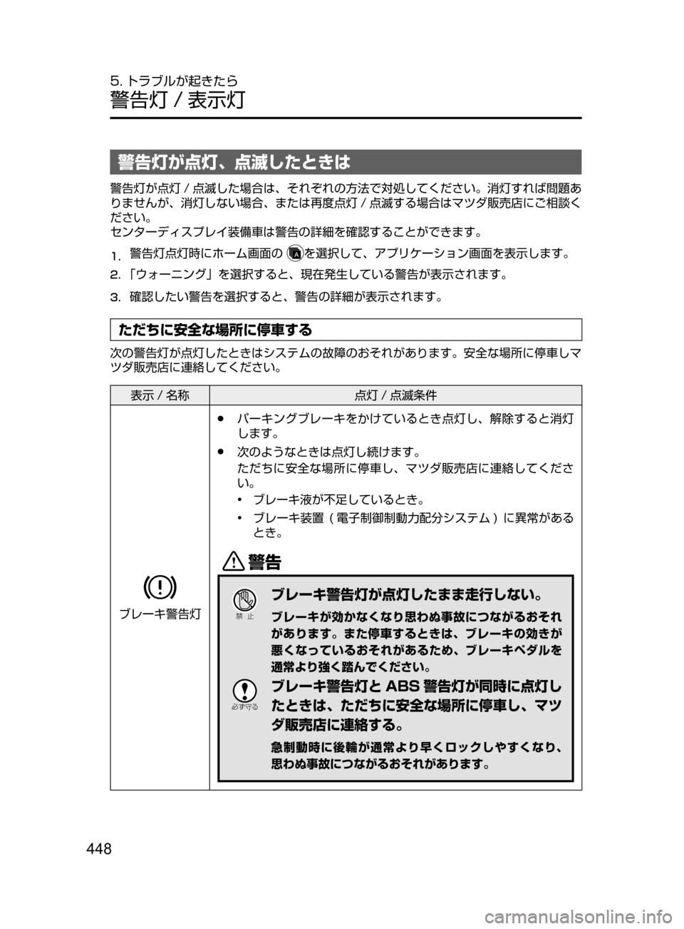 MAZDA MODEL DEMIO 2016  デミオ｜取扱説明書 (in Japanese) 448
5. トラブルが起きたら
警告灯 / 表示灯
警告灯が点灯､ 点滅したときは
警告灯が点灯 / 点滅した場合は､ それぞれの方法で対処してください。
